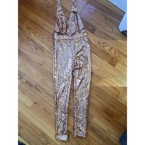 Backless sequin halter jumpsuit